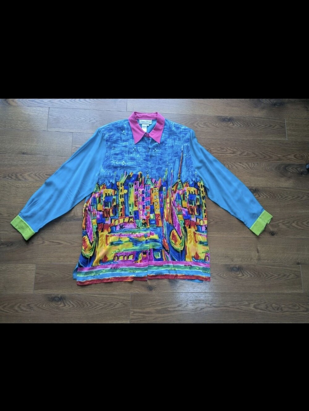 Diane Gilman Vintage 100% Silk Button Down Blouse Colorblock Sequin Cityscape L
